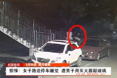 女子凌晨路邊停車睡覺！遭男子用滅火器猛砸車窗！[多圖]